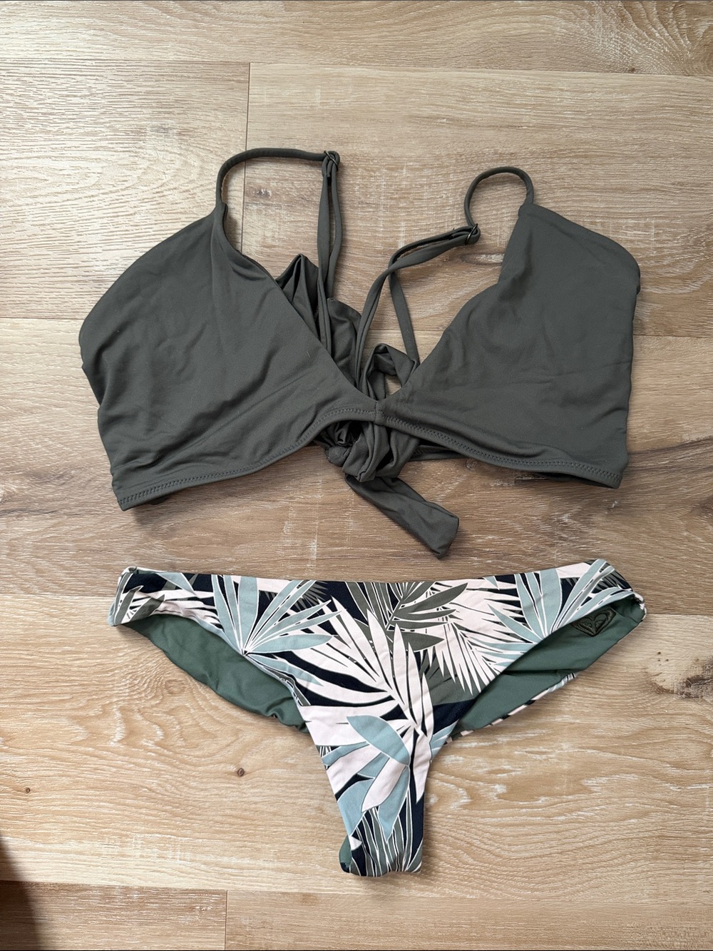 O'Neill Olive Green Tie-Back Bikini Set with Tropical Leaf Print Bottom